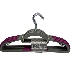 Set Of 12 Gray/Purple Rubber-Coated Suit Hangers Wrinkle-Free Clothes Ultra Slim